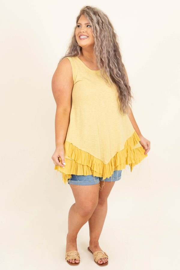 Chic Soul plus size clothing, yellow solid tank style sleeve ruffle bottom shirt