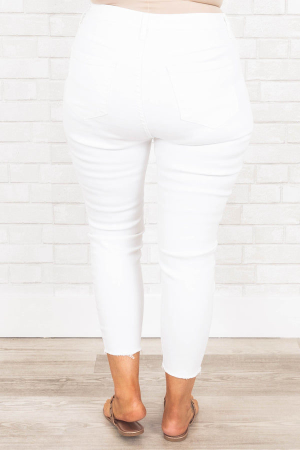 Chic Soul plus size clothing, white capri jeans with frayed hemlines
