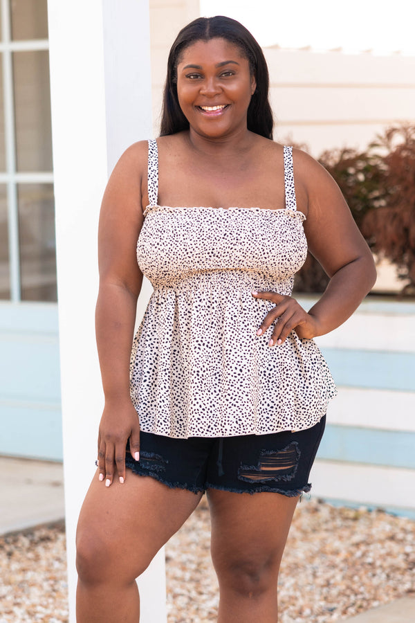 Chic Soul plus size clothing, taupe leopard pattern tank with smocked bodice