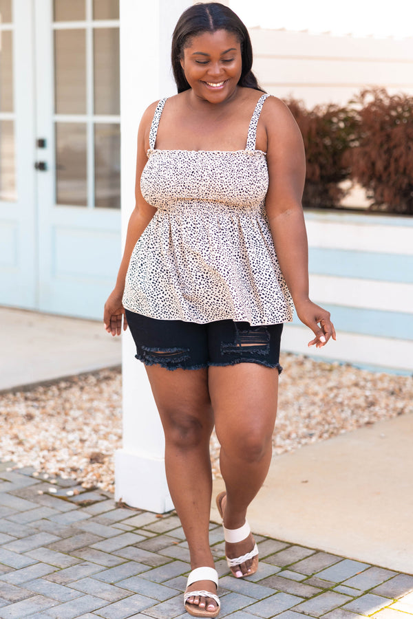 Chic Soul plus size clothing, taupe leopard pattern tank with smocked bodice