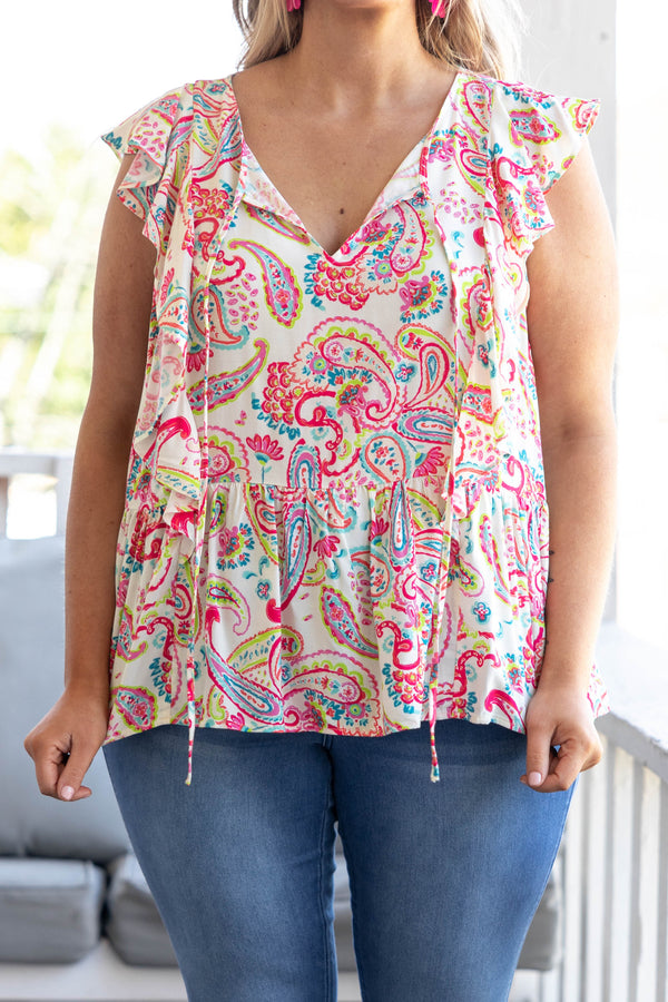 Chic Soul plus size clothing, ivory top with multicolor paisley pattern and flutter sleeves