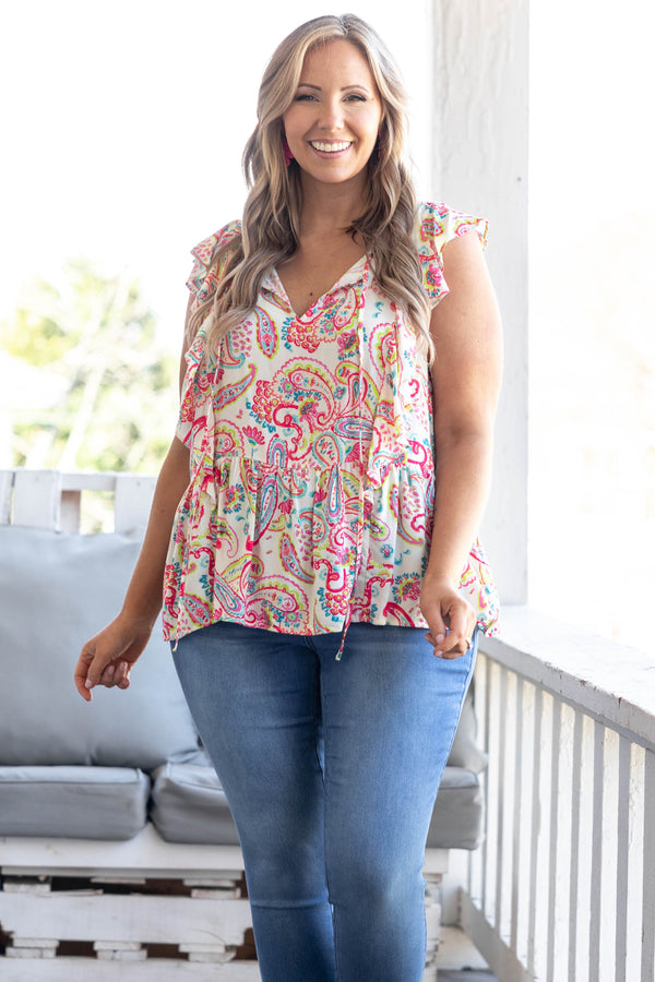 Chic Soul plus size clothing, ivory top with multicolor paisley pattern and flutter sleeves
