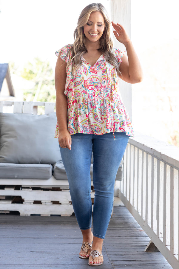 Chic Soul plus size clothing, ivory top with multicolor paisley pattern and flutter sleeves