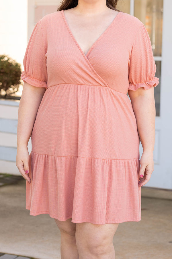 Chic Soul plus size clothing, coral v neck short bubble sleeve babydoll dress