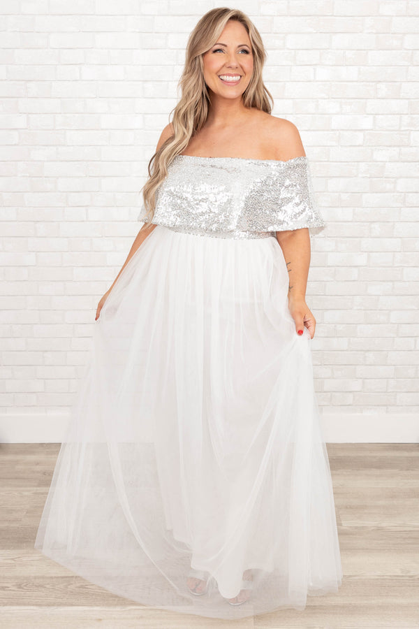Chic Soul plus size clothing, silver off the shoulder dress with mesh skirt in white