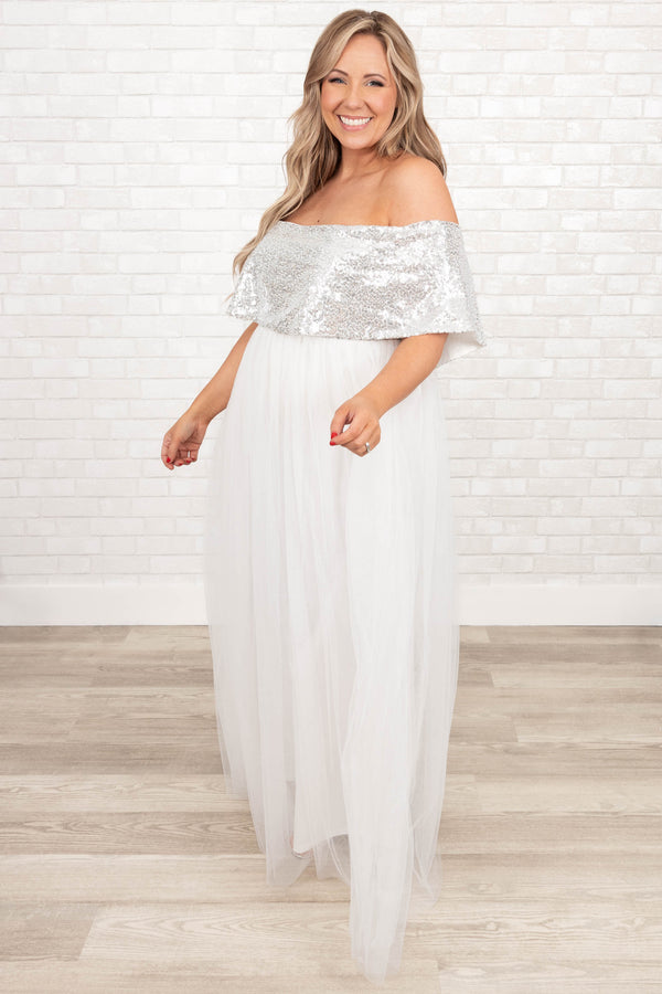 Chic Soul plus size clothing, silver off the shoulder dress with mesh skirt in white