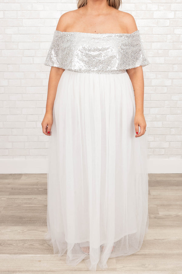 Chic Soul plus size clothing, silver off the shoulder dress with mesh skirt in white