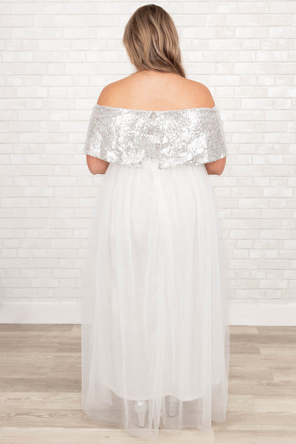 Chic Soul plus size clothing, silver off the shoulder dress with mesh skirt in white