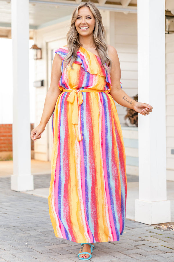 Chic Soul plus size clothing, multicolor one shoulder striped maxi dress with waist tie