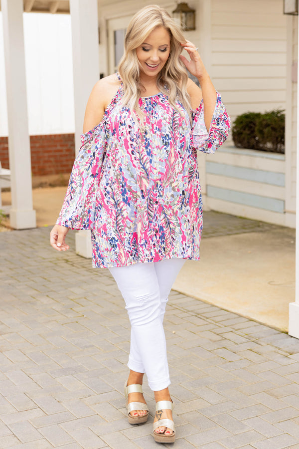 Chic Soul plus size clothing, hot pink keyhole shoulders floral casual top