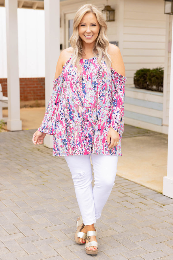 Chic Soul plus size clothing, hot pink keyhole shoulders floral casual top