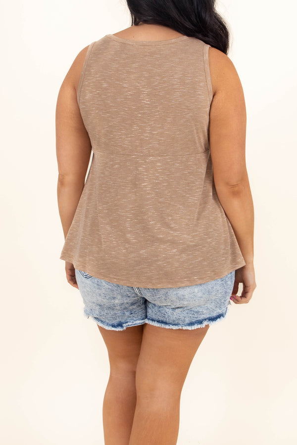 Chic Soul plus size clothing, taupe babydoll style tank with buttons