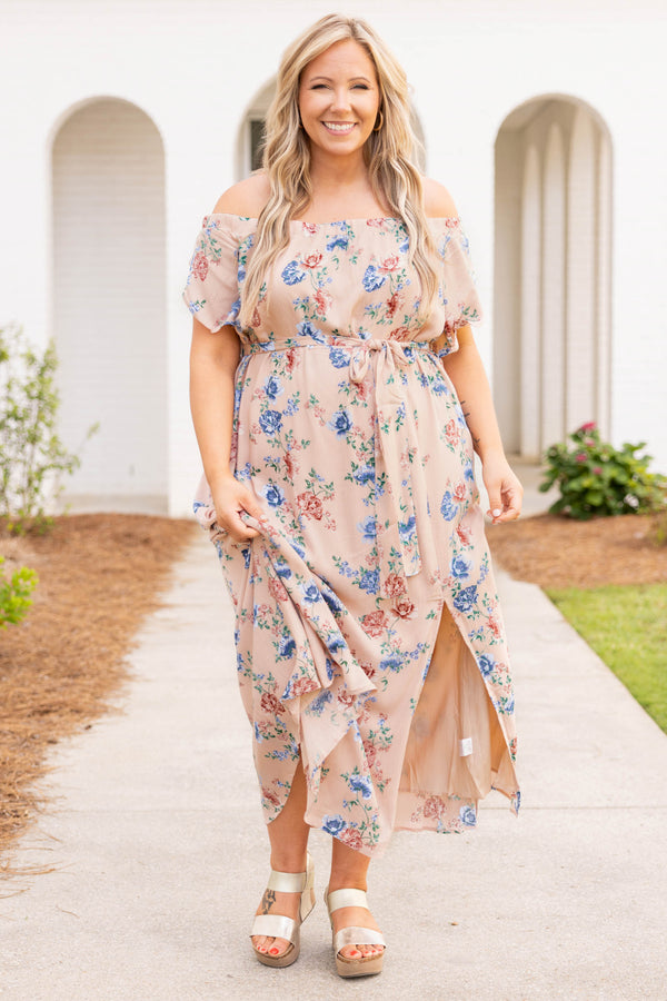 Chic Soul plus size clothing, dusty pink and blue floral off the shoulder with a slit maxi dress