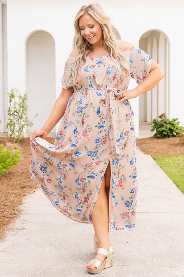 Chic Soul plus size clothing, dusty pink and blue floral off the shoulder with a slit maxi dress