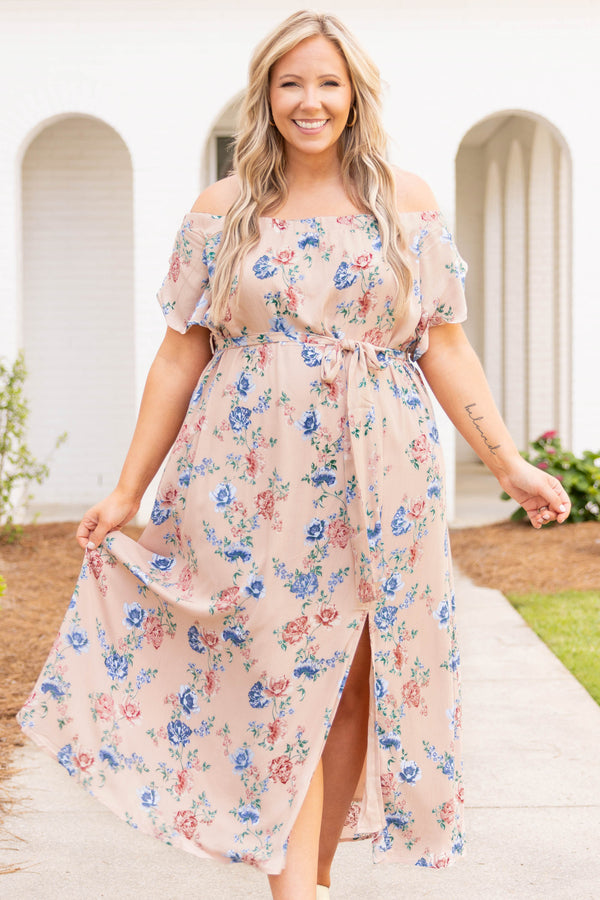Chic Soul plus size clothing, dusty pink and blue floral off the shoulder with a slit maxi dress