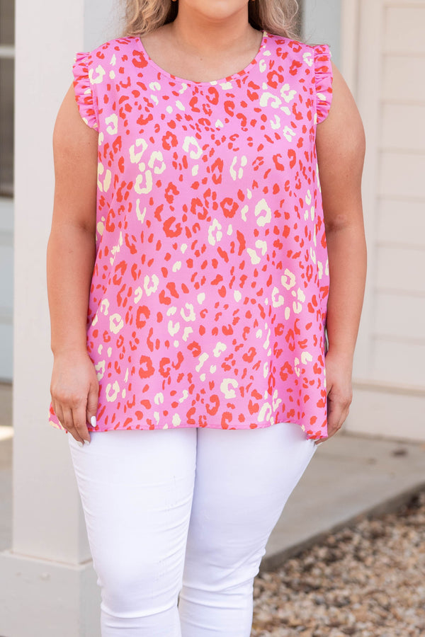 Chic Soul plus size clothing, pink top with leopard pattern and flutter sleeves