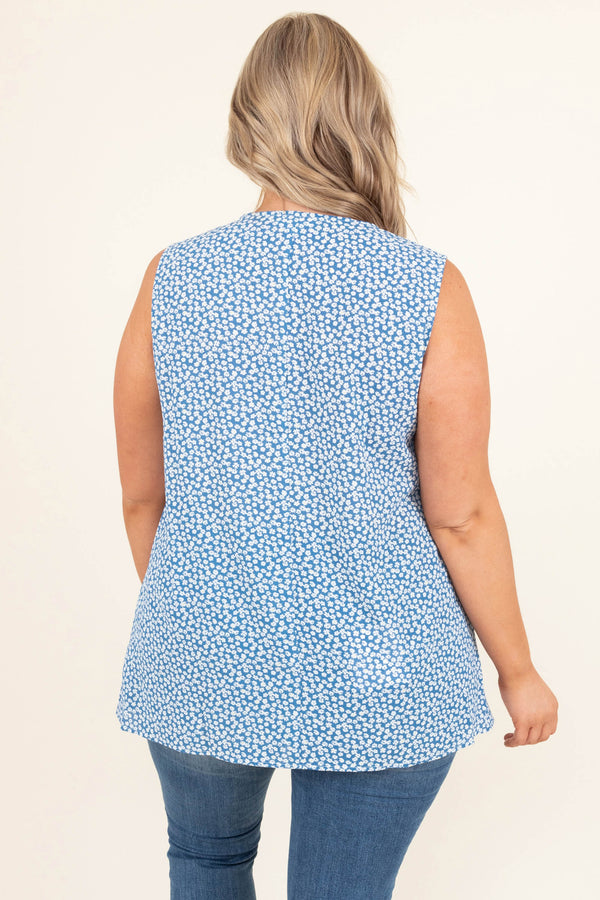 Chic Soul plus size clothing, blue with white floral sleeveless tank style straps top