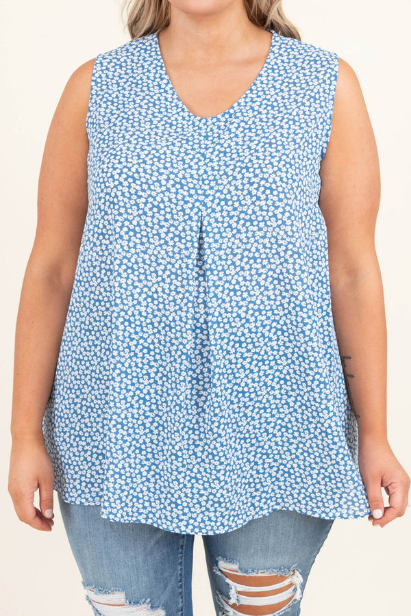 Chic Soul plus size clothing, blue with white floral sleeveless tank style straps top