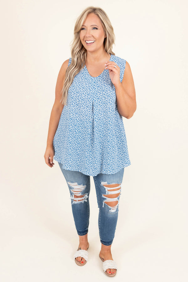 Chic Soul plus size clothing, blue with white floral sleeveless tank style straps top