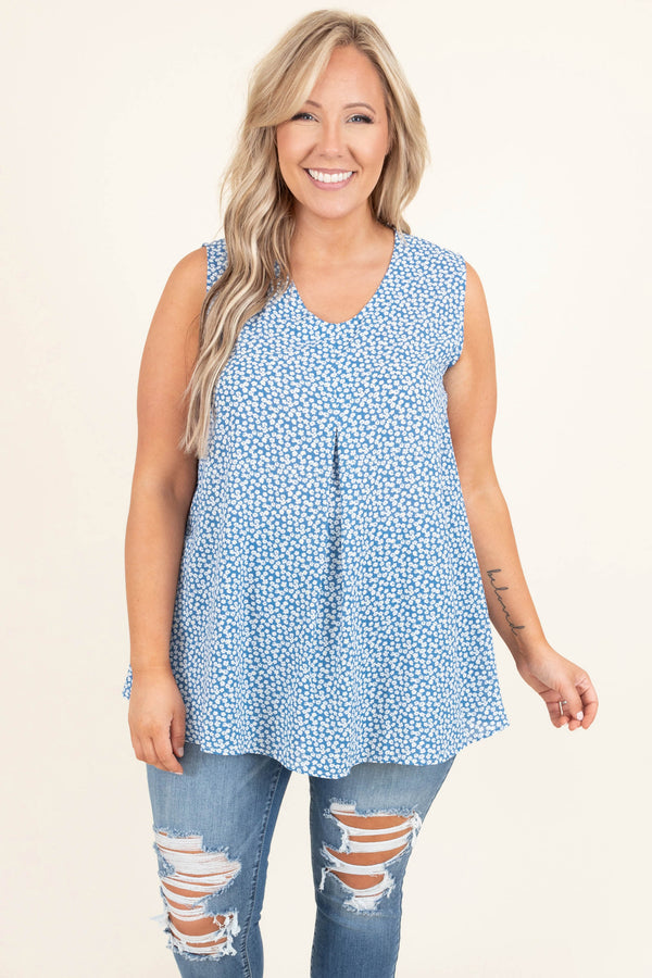 Chic Soul plus size clothing, blue with white floral sleeveless tank style straps top
