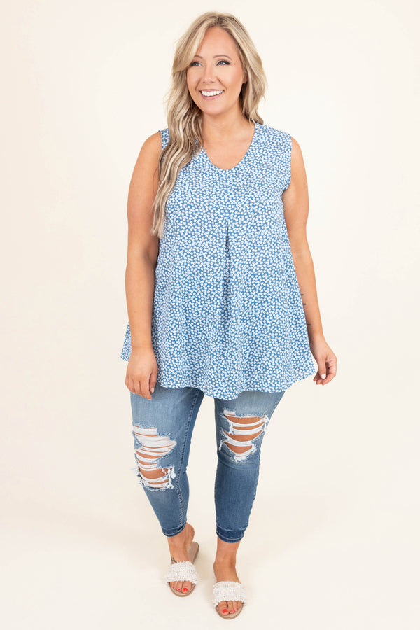 Chic Soul plus size clothing, blue with white floral sleeveless tank style straps top