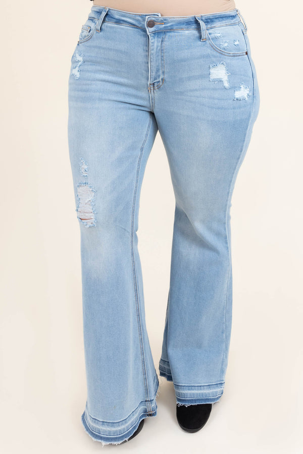 Chic Soul plus size clothing, light wash denim distressed flare jeans