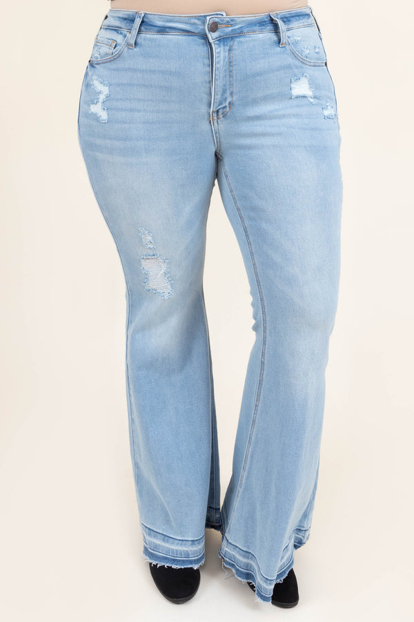 Chic Soul plus size clothing, light wash denim distressed flare jeans