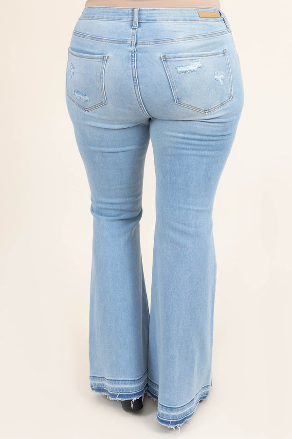 Chic Soul plus size clothing, light wash denim distressed flare jeans