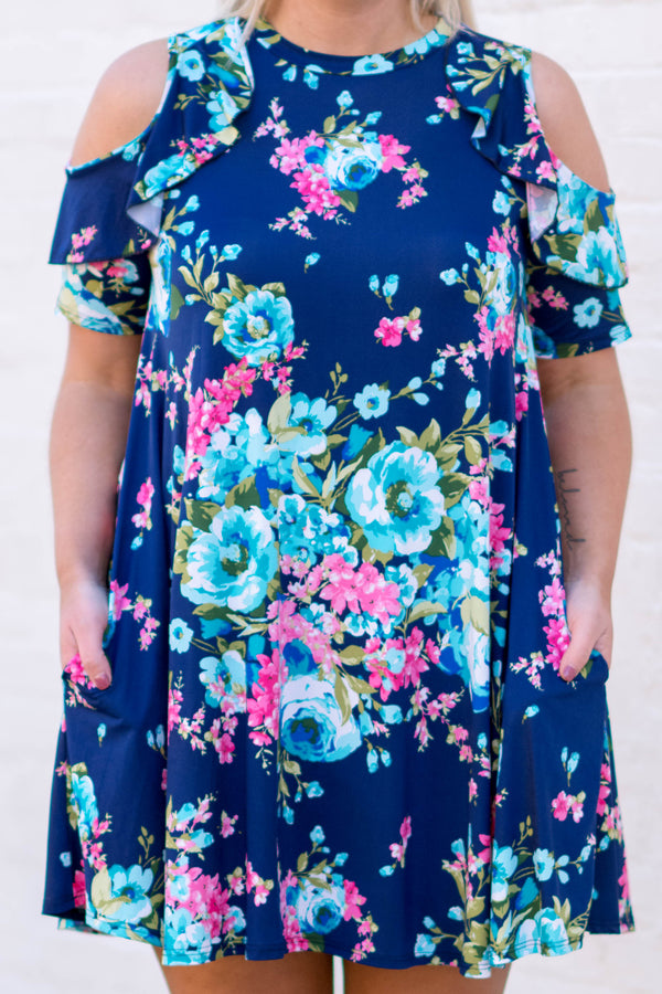 dress, short dress, off the shoulder, cold shoulder, navy, floral, above the knee, pink, blue, ruffle detailing, spring, summer