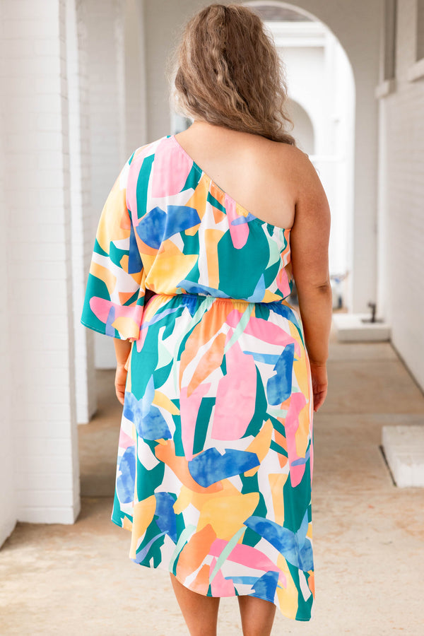 Chic Soul plus size clothing, multicolor abstract patterned one shoulder dress with asymmetrical hemline