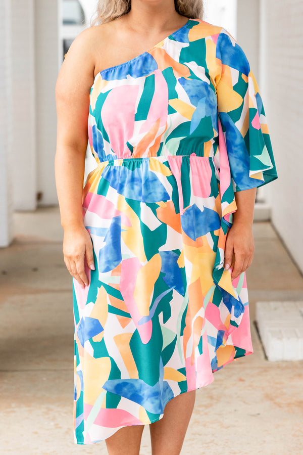 Chic Soul plus size clothing, multicolor abstract patterned one shoulder dress with asymmetrical hemline