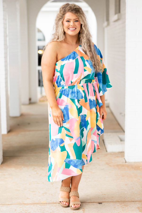 Chic Soul plus size clothing, multicolor abstract patterned one shoulder dress with asymmetrical hemline
