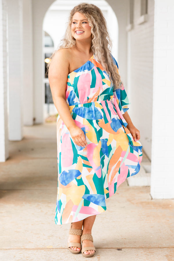 Chic Soul plus size clothing, multicolor abstract patterned one shoulder dress with asymmetrical hemline