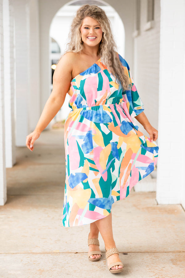 Chic Soul plus size clothing, multicolor abstract patterned one shoulder dress with asymmetrical hemline