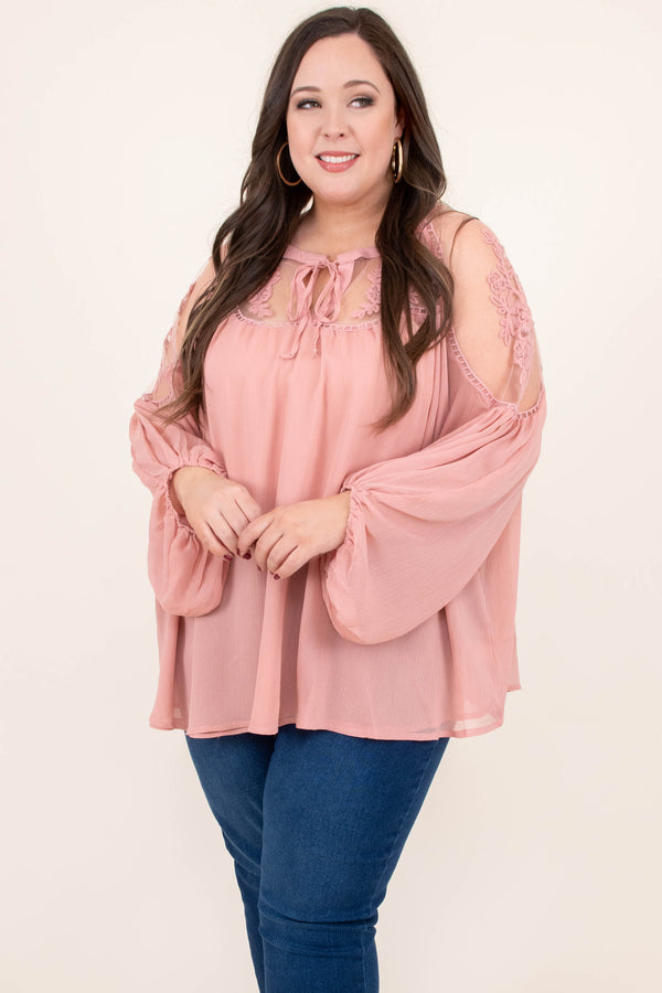 Chic Soul plus size clothing, blush pink long bubble sleeve top with shoulder cut outs and tie at neck line