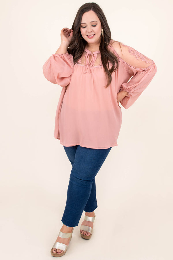 Chic Soul plus size clothing, blush pink long bubble sleeve top with shoulder cut outs and tie at neck line