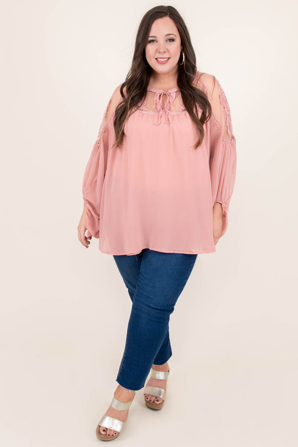 Chic Soul plus size clothing, blush pink long bubble sleeve top with shoulder cut outs and tie at neck line
