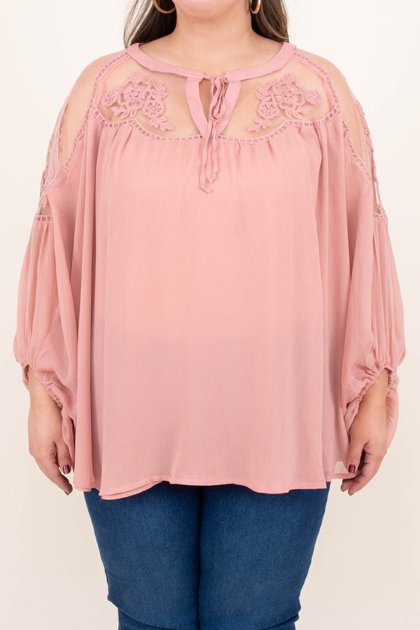 Chic Soul plus size clothing, blush pink long bubble sleeve top with shoulder cut outs and tie at neck line