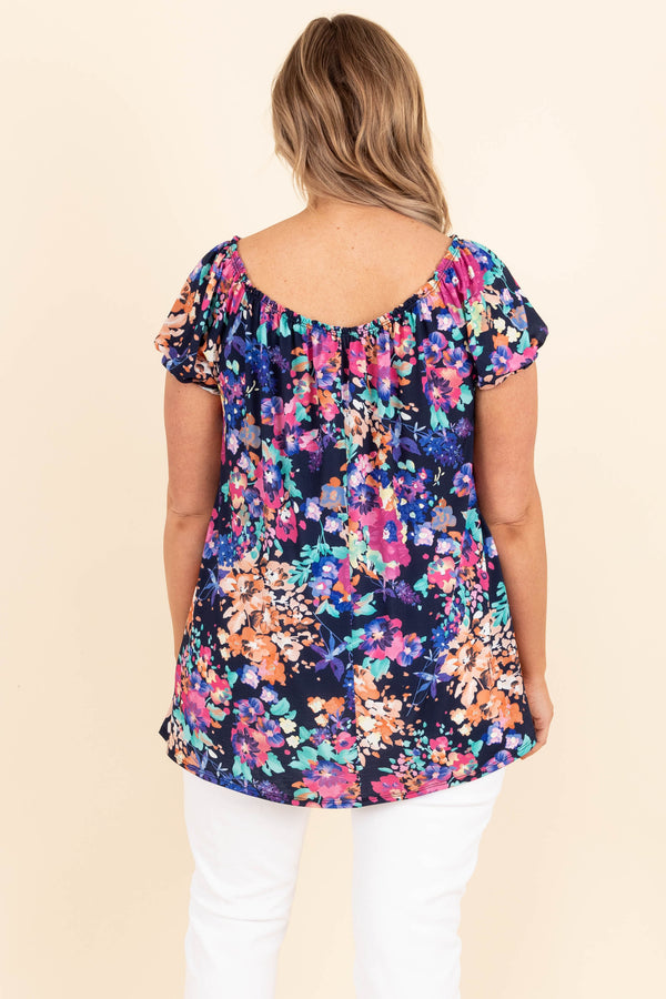 Chic Soul plus size clothing, navy floral pattern flowy top