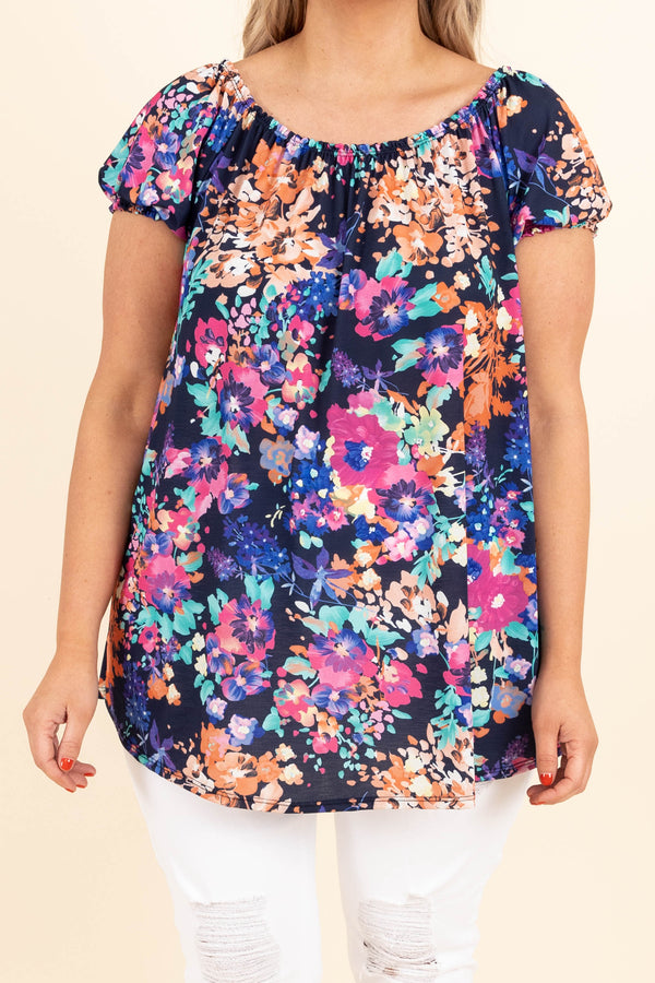 Chic Soul plus size clothing, navy floral pattern flowy top