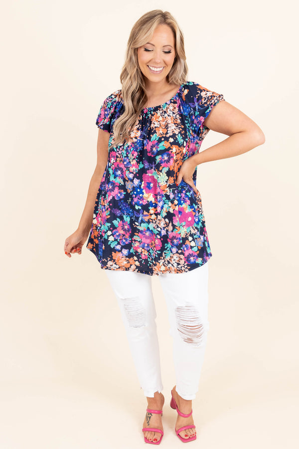 Chic Soul plus size clothing, navy floral pattern flowy top