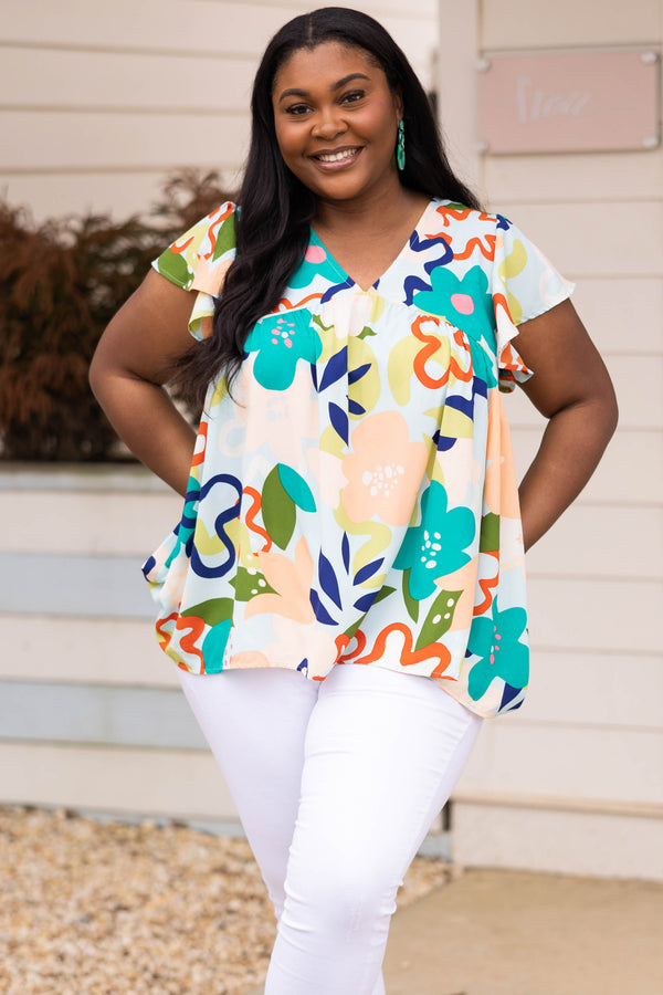 Chic Soul plus size clothing, multicolor floral pattern babydoll style top with flutter sleeves