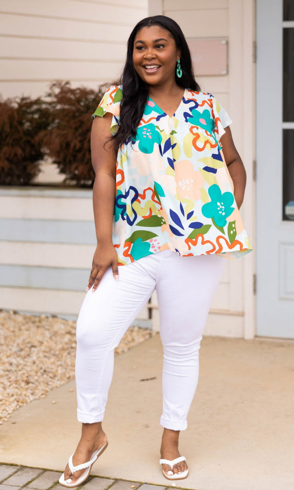Chic Soul plus size clothing, multicolor floral pattern babydoll style top with flutter sleeves