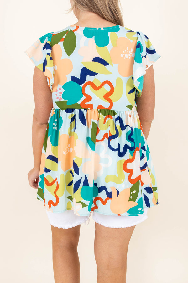 Chic Soul plus size clothing, multicolor floral pattern babydoll style top with flutter sleeves