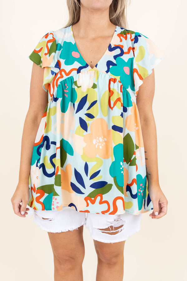 Chic Soul plus size clothing, multicolor floral pattern babydoll style top with flutter sleeves