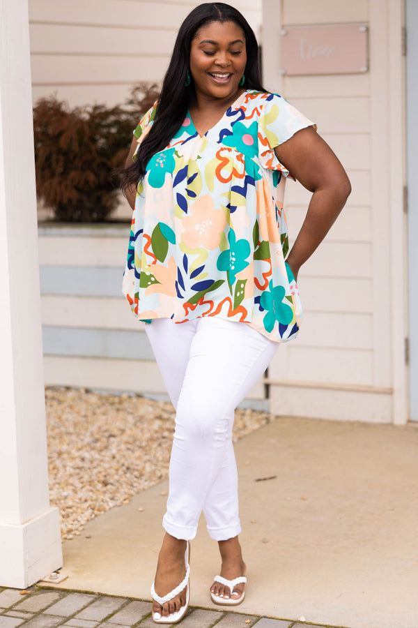 Chic Soul plus size clothing, multicolor floral pattern babydoll style top with flutter sleeves