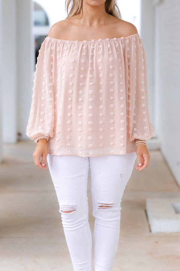 Chic Soul plus size clothing, peach colored off the shoulder swiss dotted top