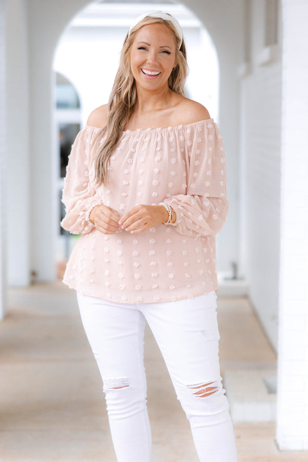 Chic Soul plus size clothing, peach colored off the shoulder swiss dotted top