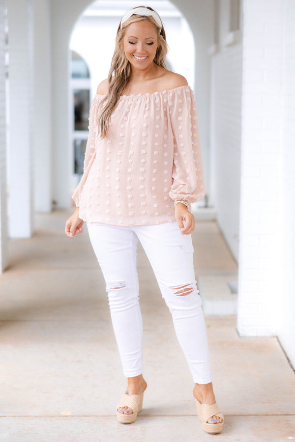 Chic Soul plus size clothing, peach colored off the shoulder swiss dotted top