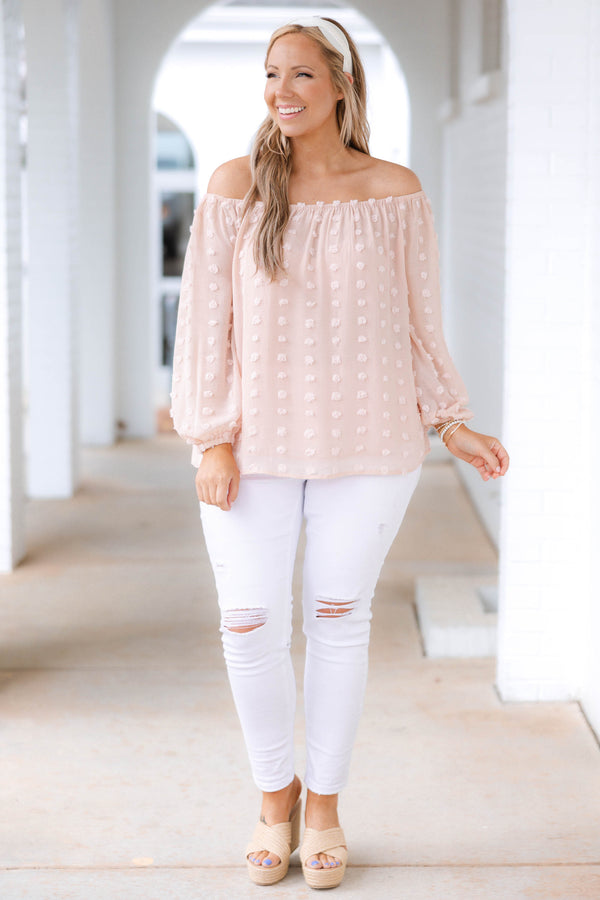 Chic Soul plus size clothing, peach colored off the shoulder swiss dotted top